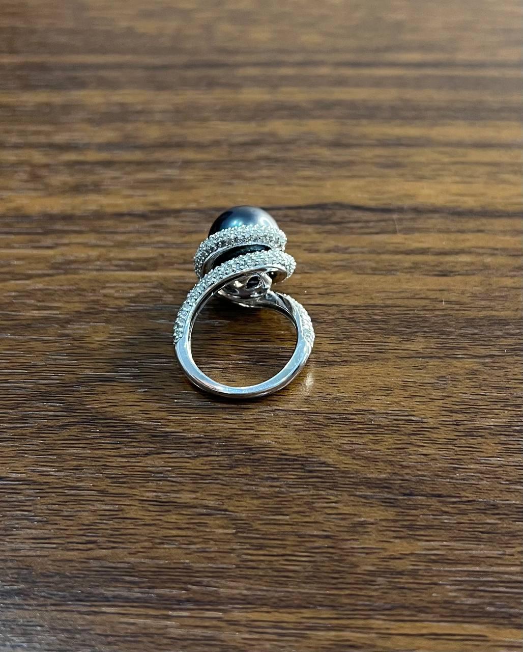 Grey Silver Black Tahitian Pearl White Gold Diamond Pave Set Spiral Bypass Ring