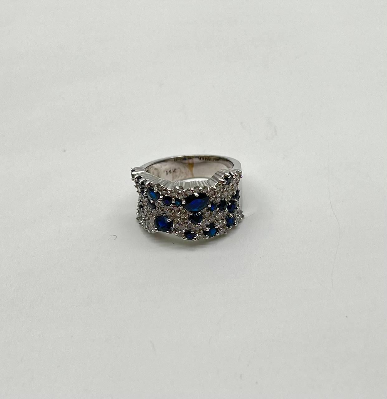 Blue Sapphire & White Diamond Pave Cluster Set 14K White Gold Statement Ring