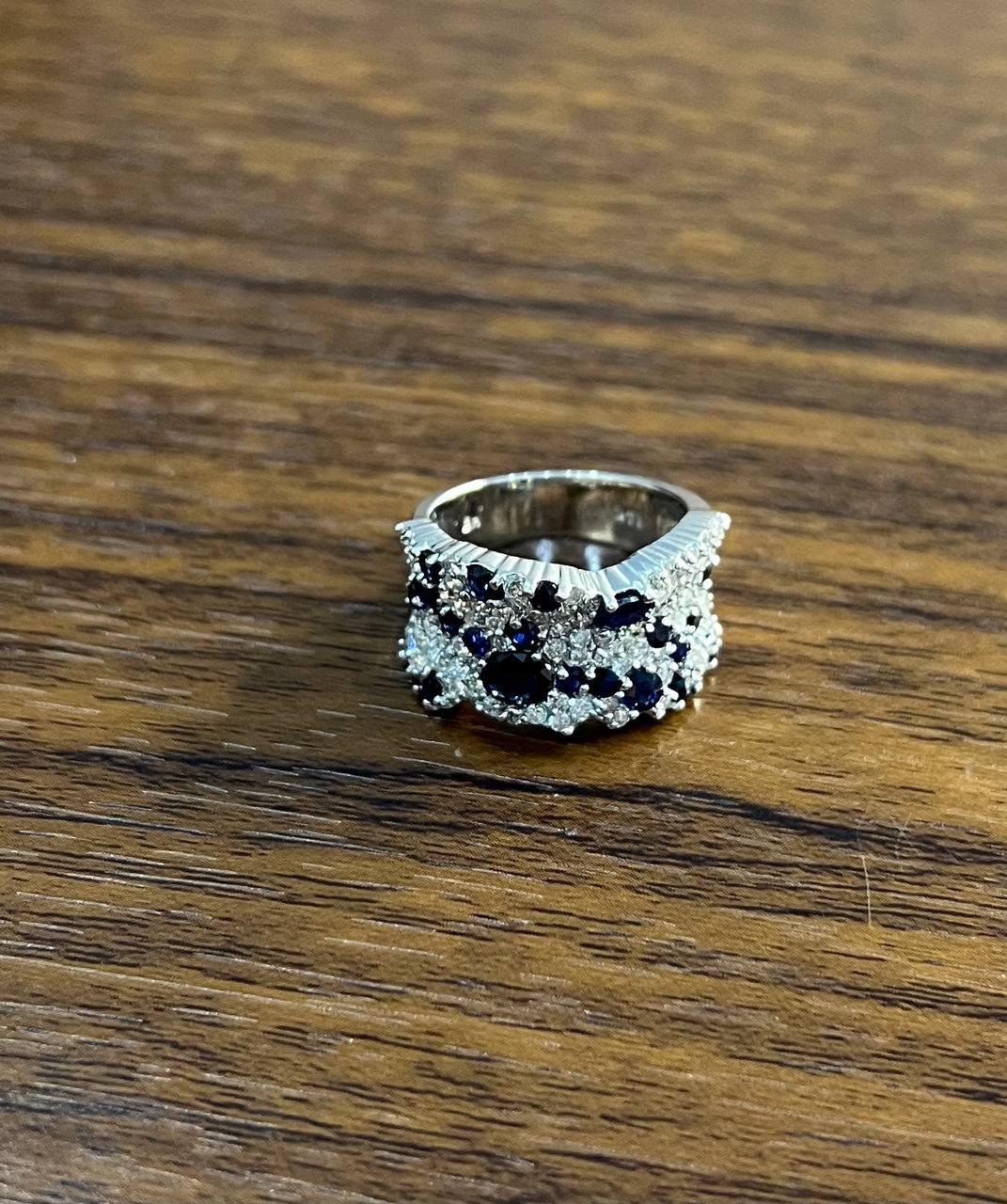 Blue Sapphire & White Diamond Pave Cluster Set 14K White Gold Statement Ring