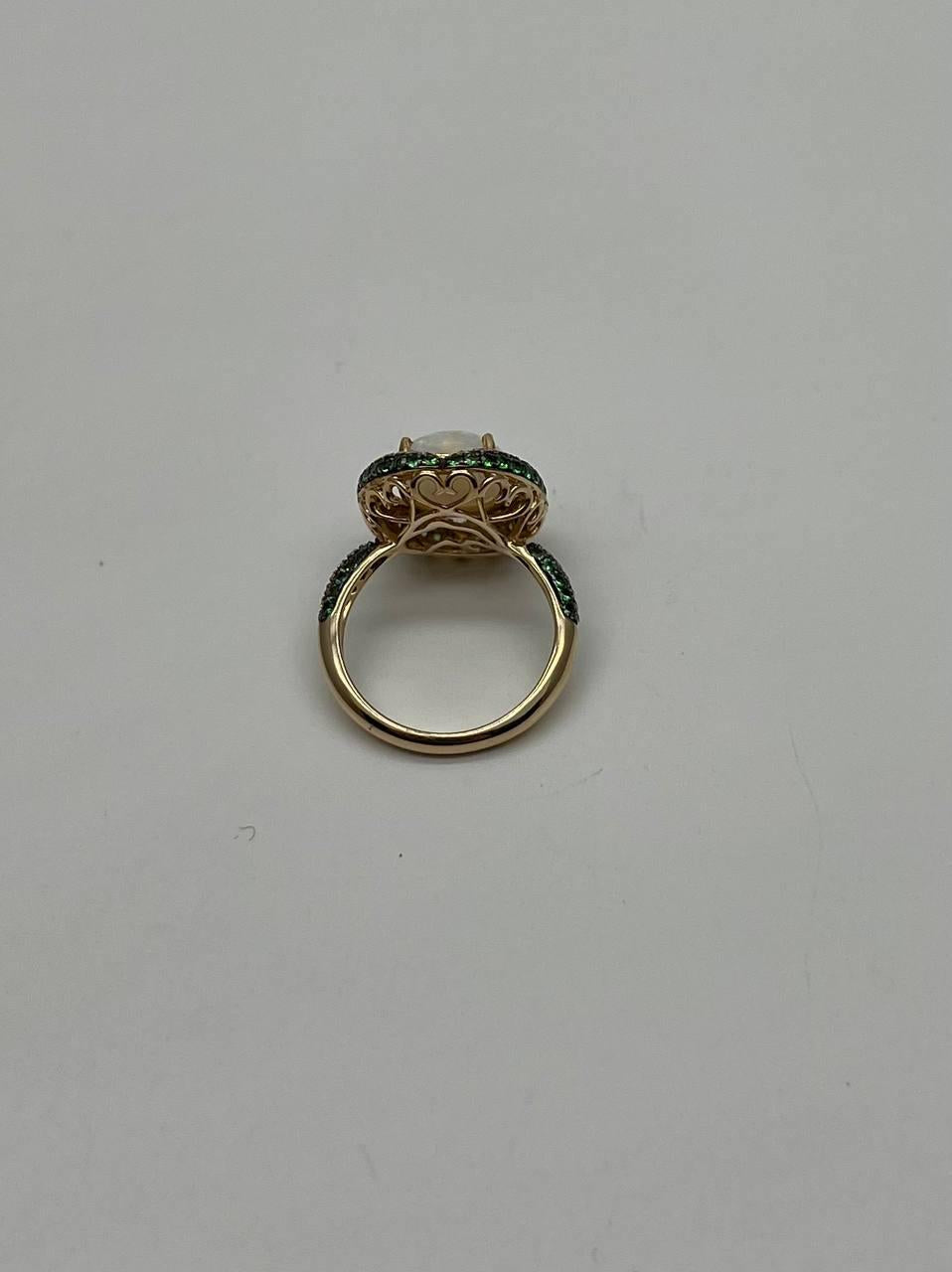 White Opal Multi Diamonds Green Tsavorite Pave Set Layer 14K Gold Statement Ring