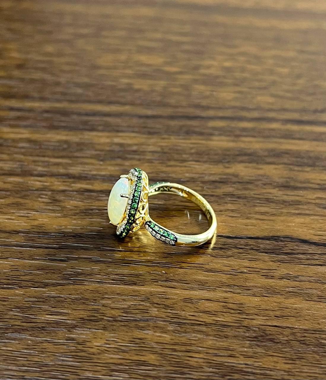 White Opal Multi Diamonds Green Tsavorite Pave Set Layer 14K Gold Statement Ring