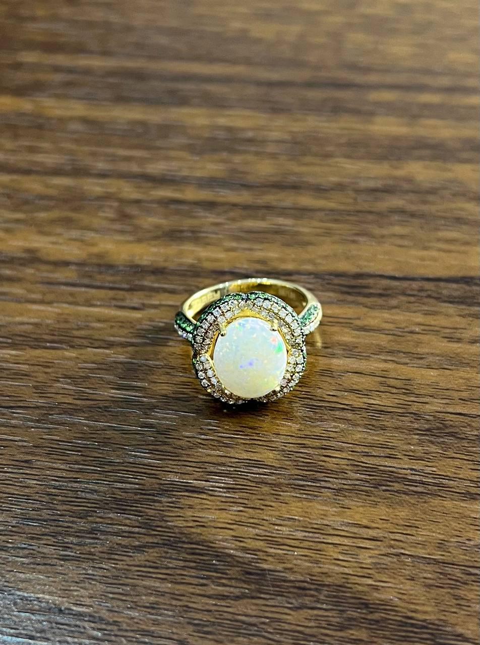 White Opal Multi Diamonds Green Tsavorite Pave Set Layer 14K Gold Statement Ring