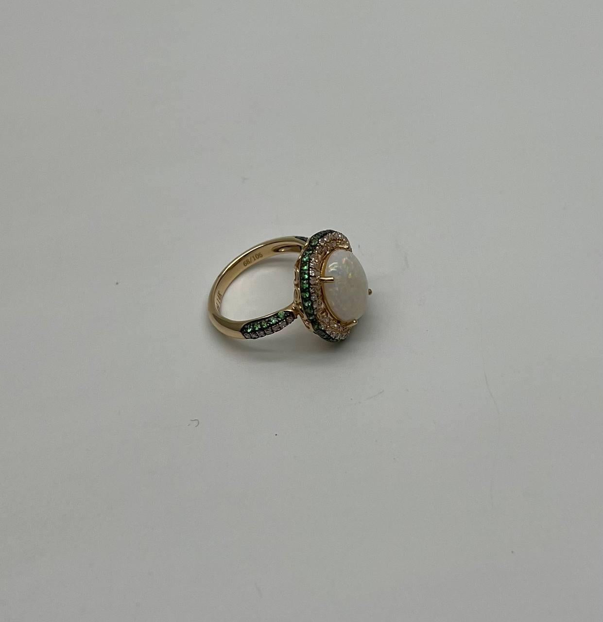 White Opal Multi Diamonds Green Tsavorite Pave Set Layer 14K Gold Statement Ring