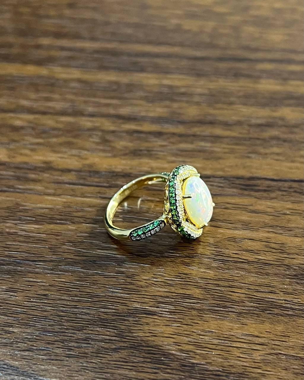 White Opal Multi Diamonds Green Tsavorite Pave Set Layer 14K Gold Statement Ring