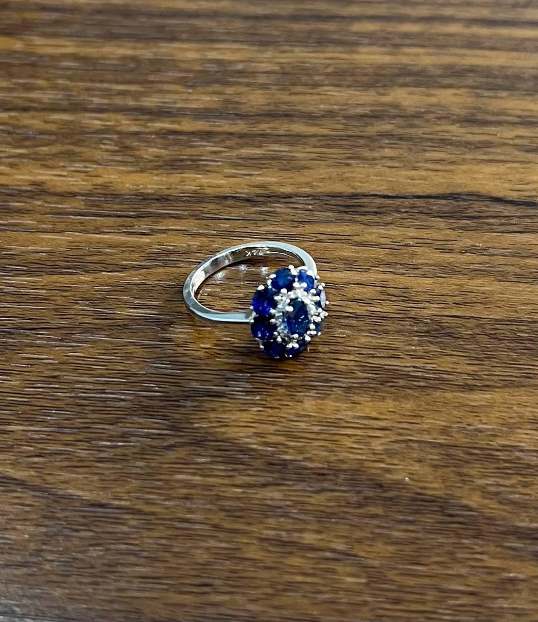 Blue Sapphire Diamond Halo Floral Flower Shape 14K White Gold Statement Ring