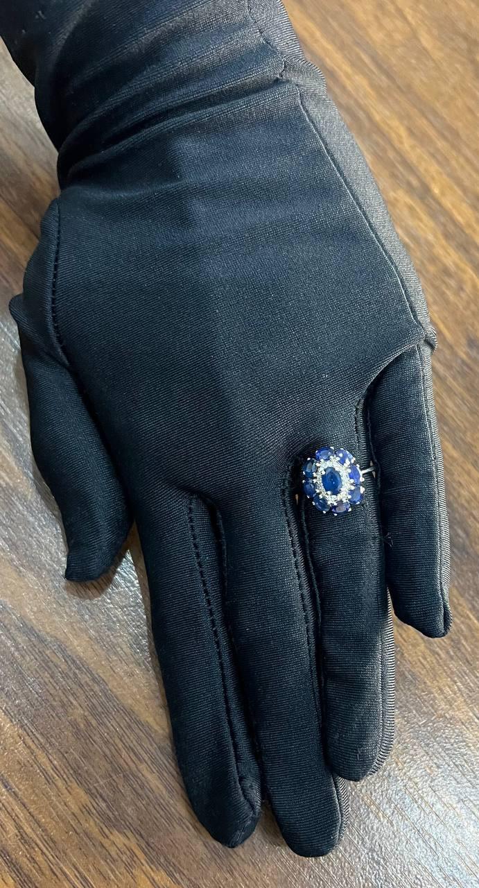 Blue Sapphire Diamond Halo Floral Flower Shape 14K White Gold Statement Ring