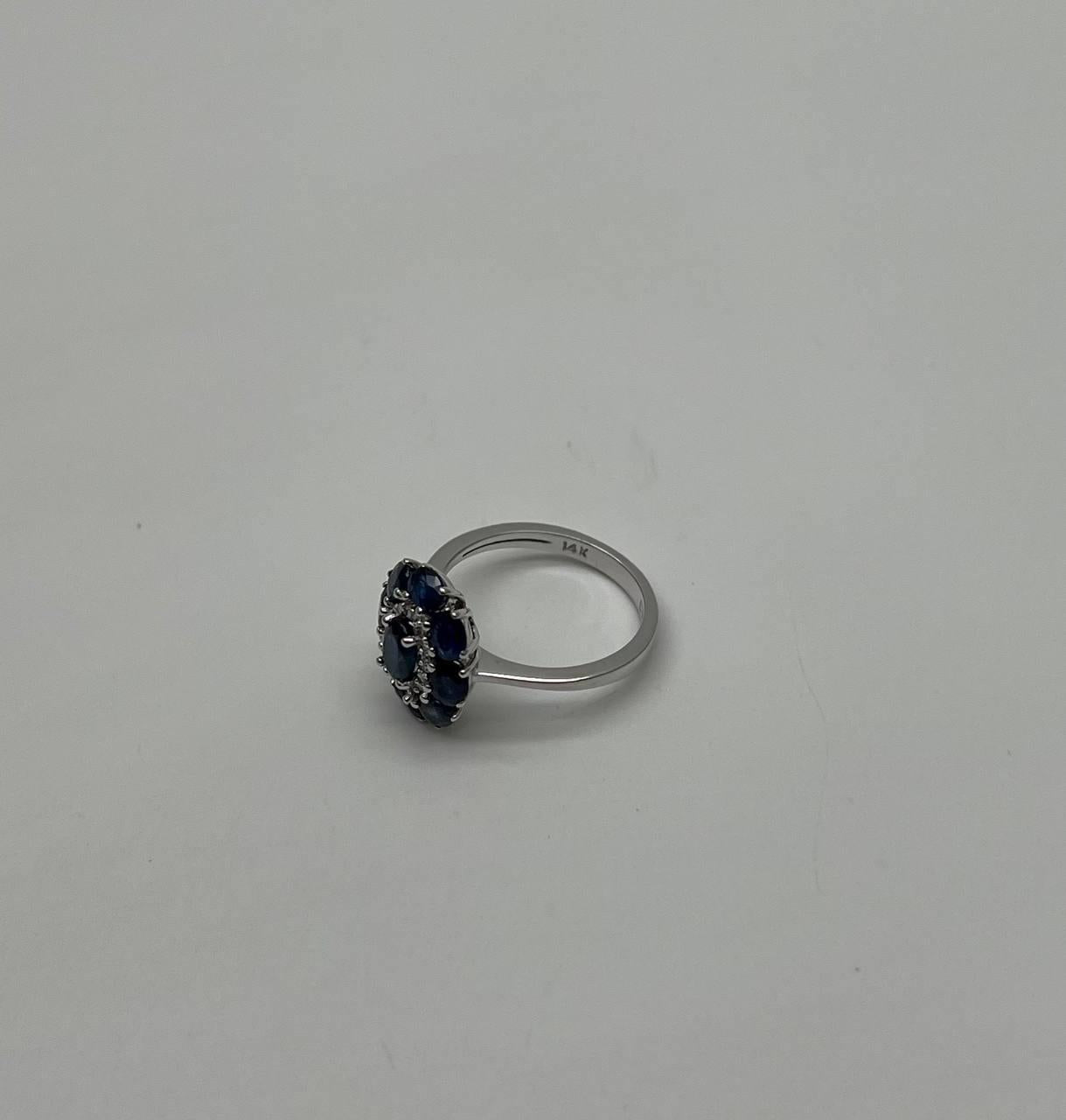 Blue Sapphire Diamond Halo Floral Flower Shape 14K White Gold Statement Ring