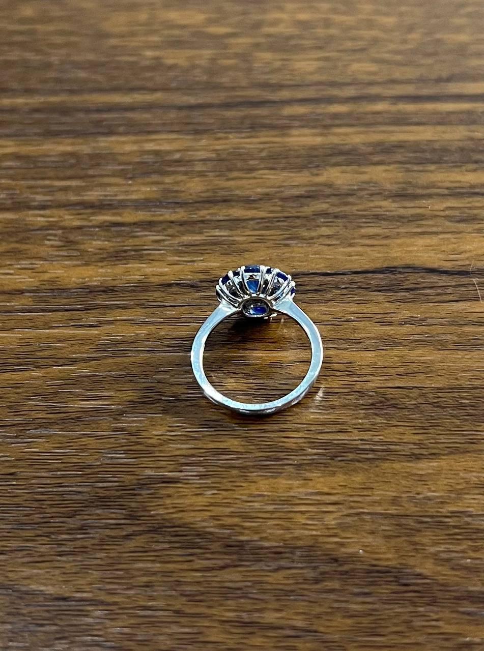 Blue Sapphire Diamond Halo Floral Flower Shape 14K White Gold Statement Ring