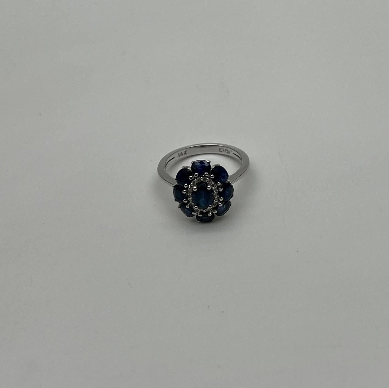 Blue Sapphire Diamond Halo Floral Flower Shape 14K White Gold Statement Ring