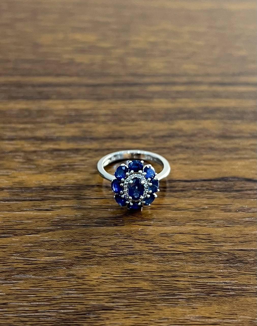 Blue Sapphire Diamond Halo Floral Flower Shape 14K White Gold Statement Ring