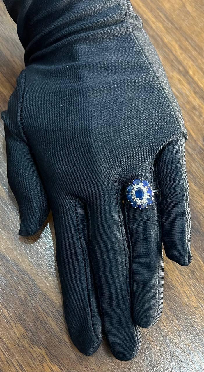 Blue Sapphire Diamond Halo Floral Flower Shape 14K White Gold Statement Ring