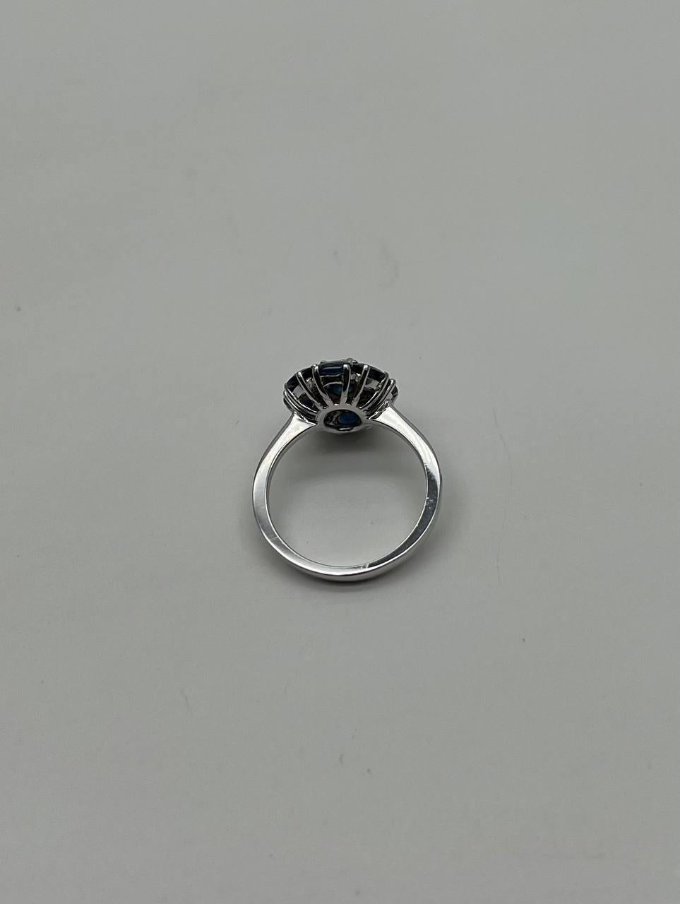 Blue Sapphire Diamond Halo Floral Flower Shape 14K White Gold Statement Ring