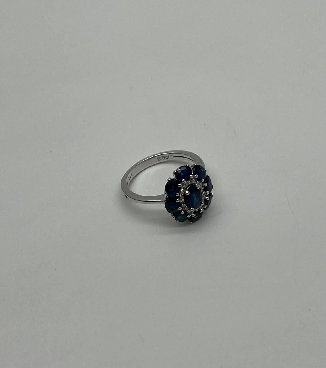 Blue Sapphire Diamond Halo Floral Flower Shape 14K White Gold Statement Ring