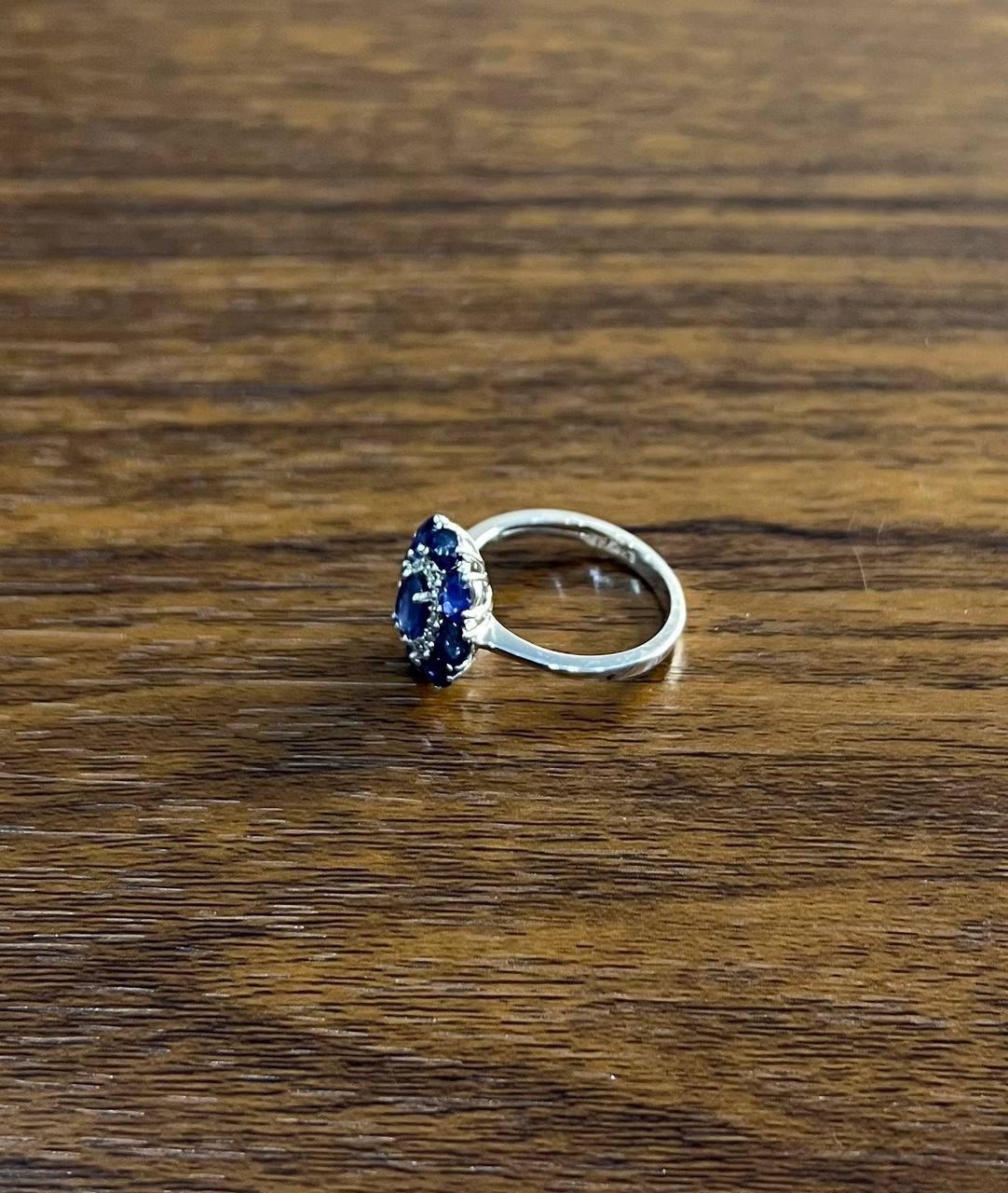 Blue Sapphire Diamond Halo Floral Flower Shape 14K White Gold Statement Ring