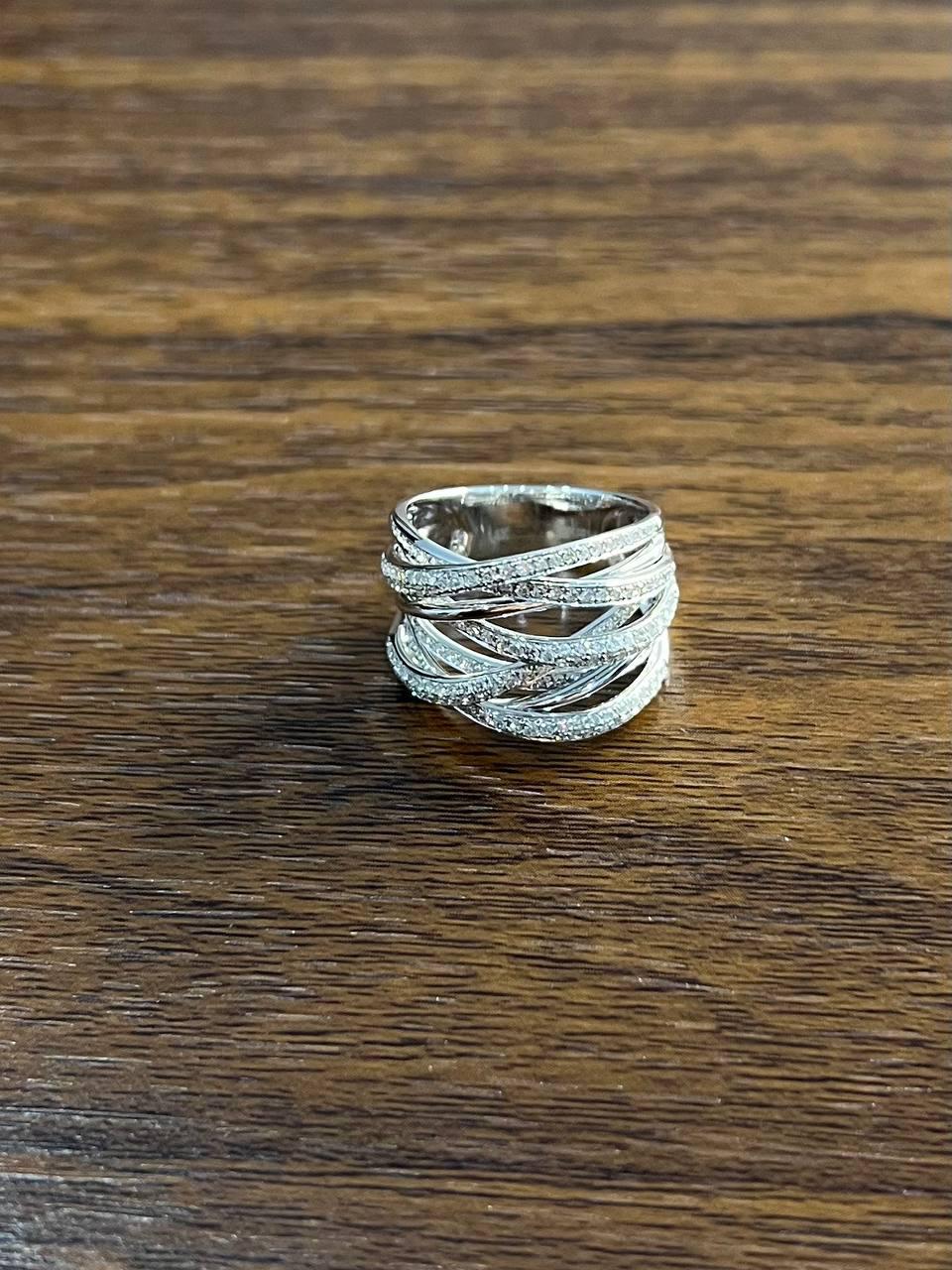 White Diamond Intertwining Layer Wave Lines 14K White Gold Statement Full Ring