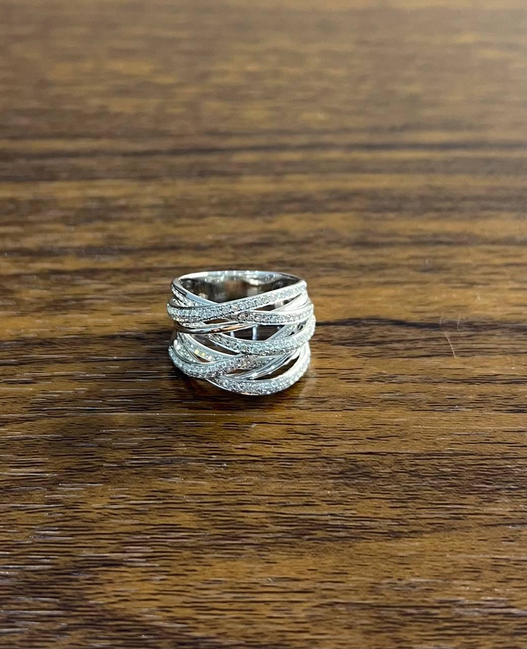 White Diamond Intertwining Layer Wave Lines 14K White Gold Statement Full Ring