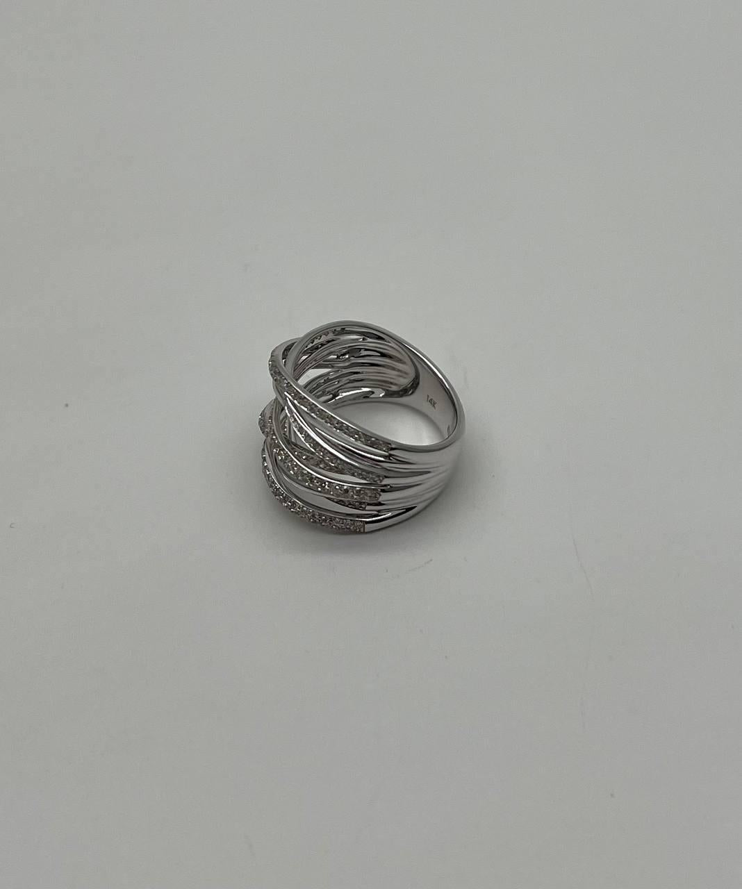 White Diamond Intertwining Layer Wave Lines 14K White Gold Statement Full Ring