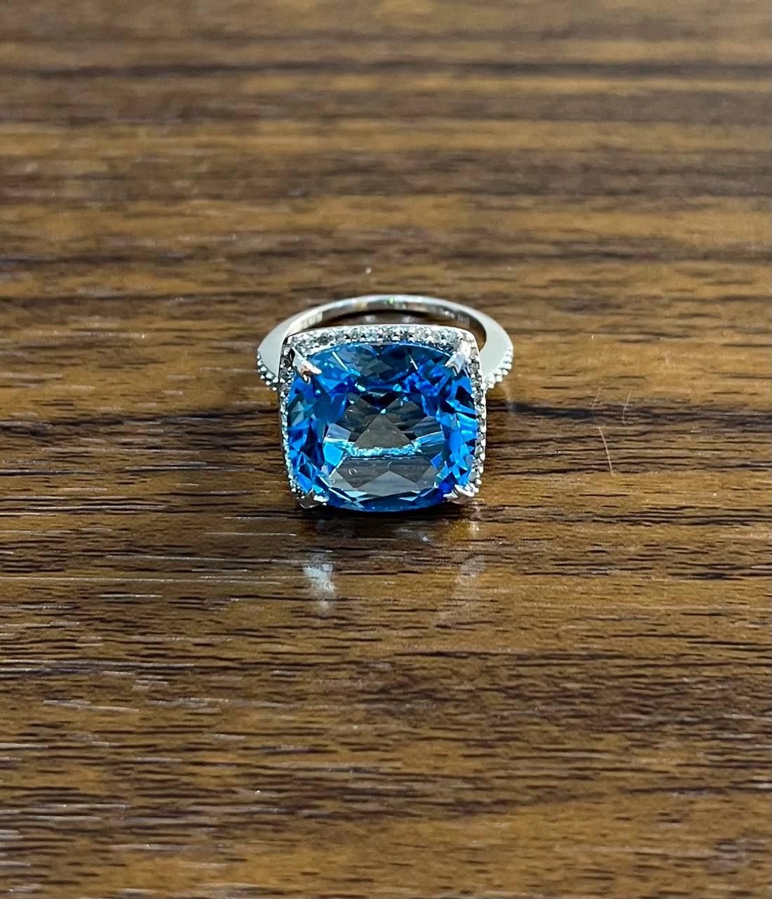 Cushion Shape Swiss Blue Topaz Diamond Halo 14K White Gold Cocktail Ring