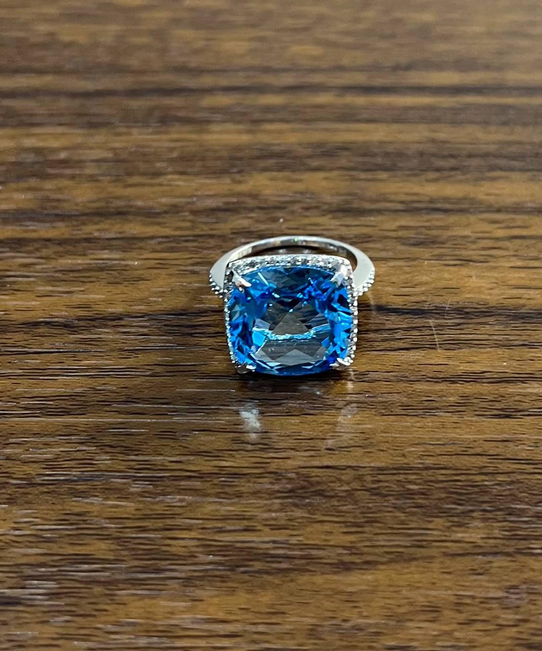 Cushion Shape Swiss Blue Topaz Diamond Halo 14K White Gold Cocktail Ring