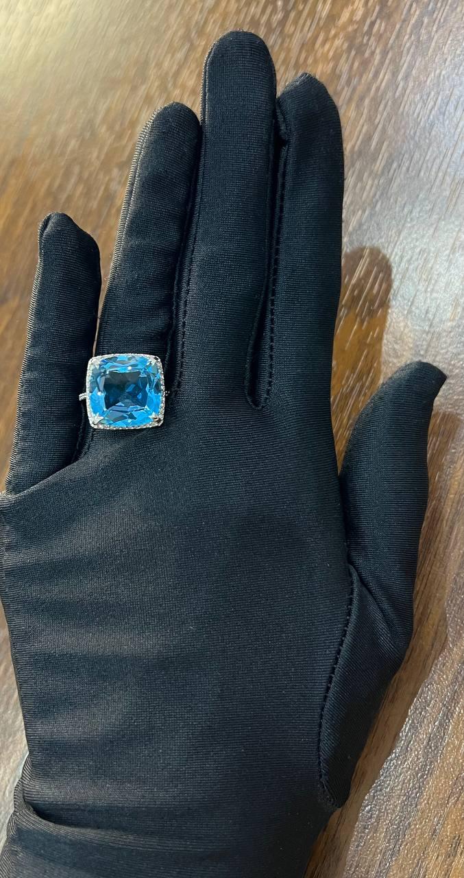 Cushion Shape Swiss Blue Topaz Diamond Halo 14K White Gold Cocktail Ring