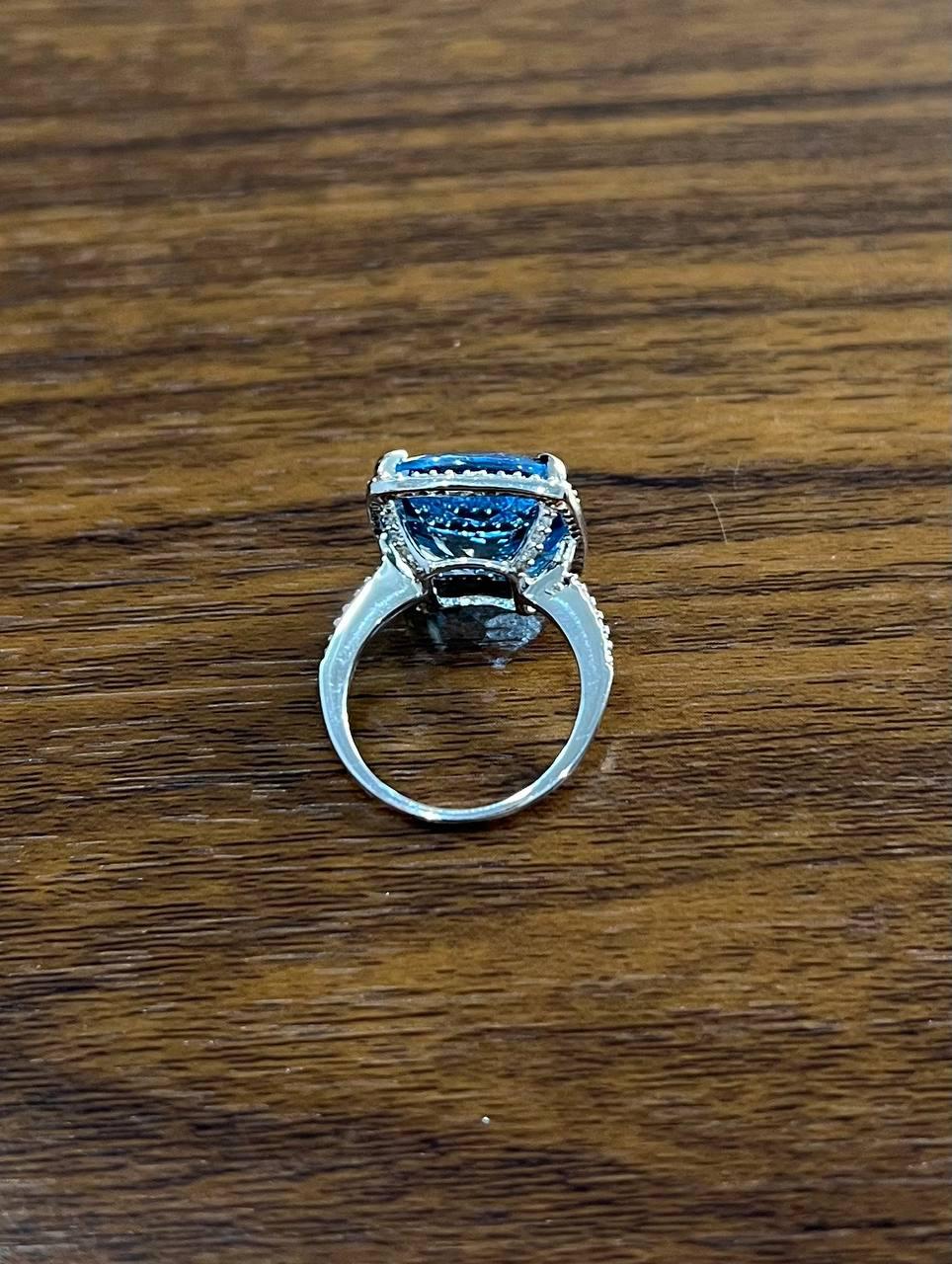 Cushion Shape Swiss Blue Topaz Diamond Halo 14K White Gold Cocktail Ring