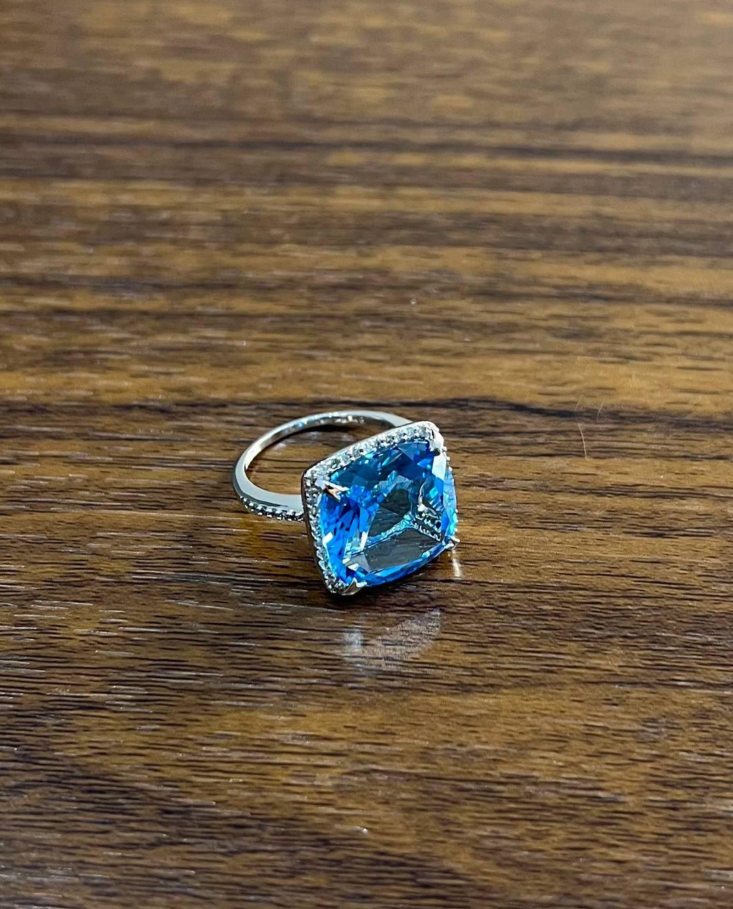Cushion Shape Swiss Blue Topaz Diamond Halo 14K White Gold Cocktail Ring