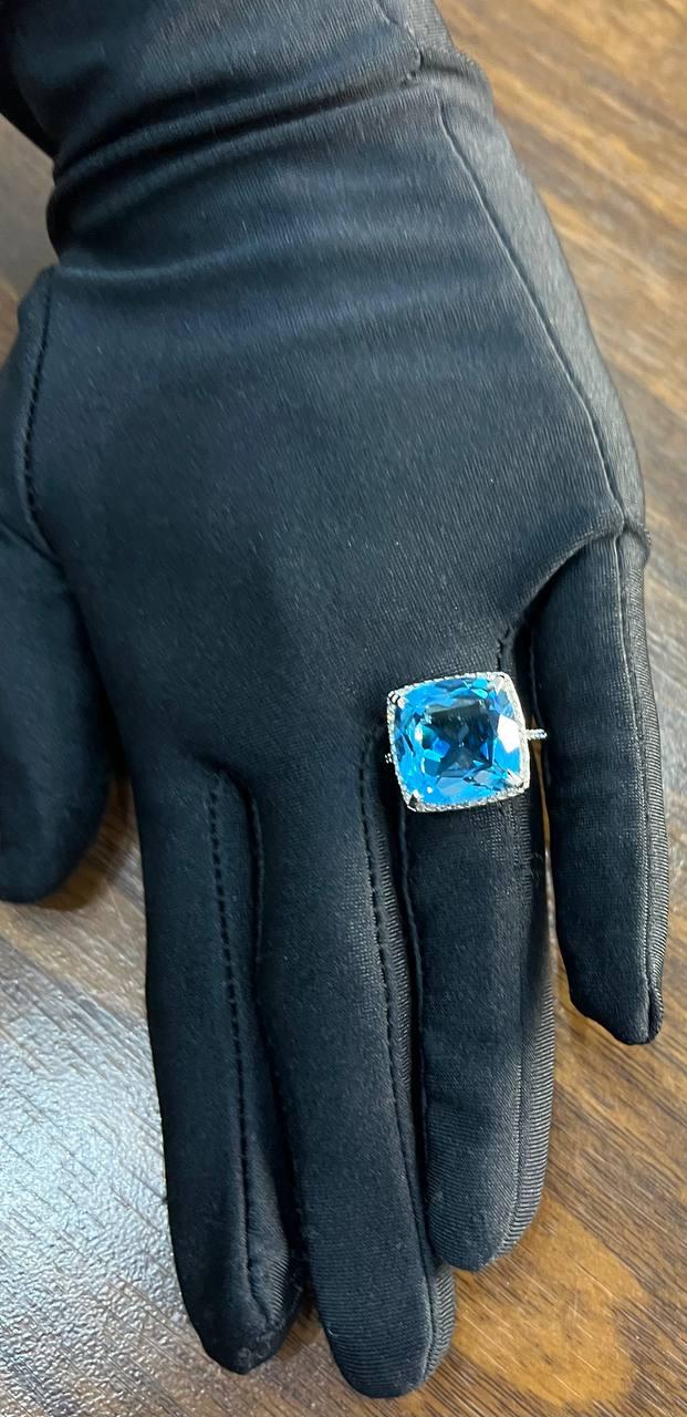 Cushion Shape Swiss Blue Topaz Diamond Halo 14K White Gold Cocktail Ring