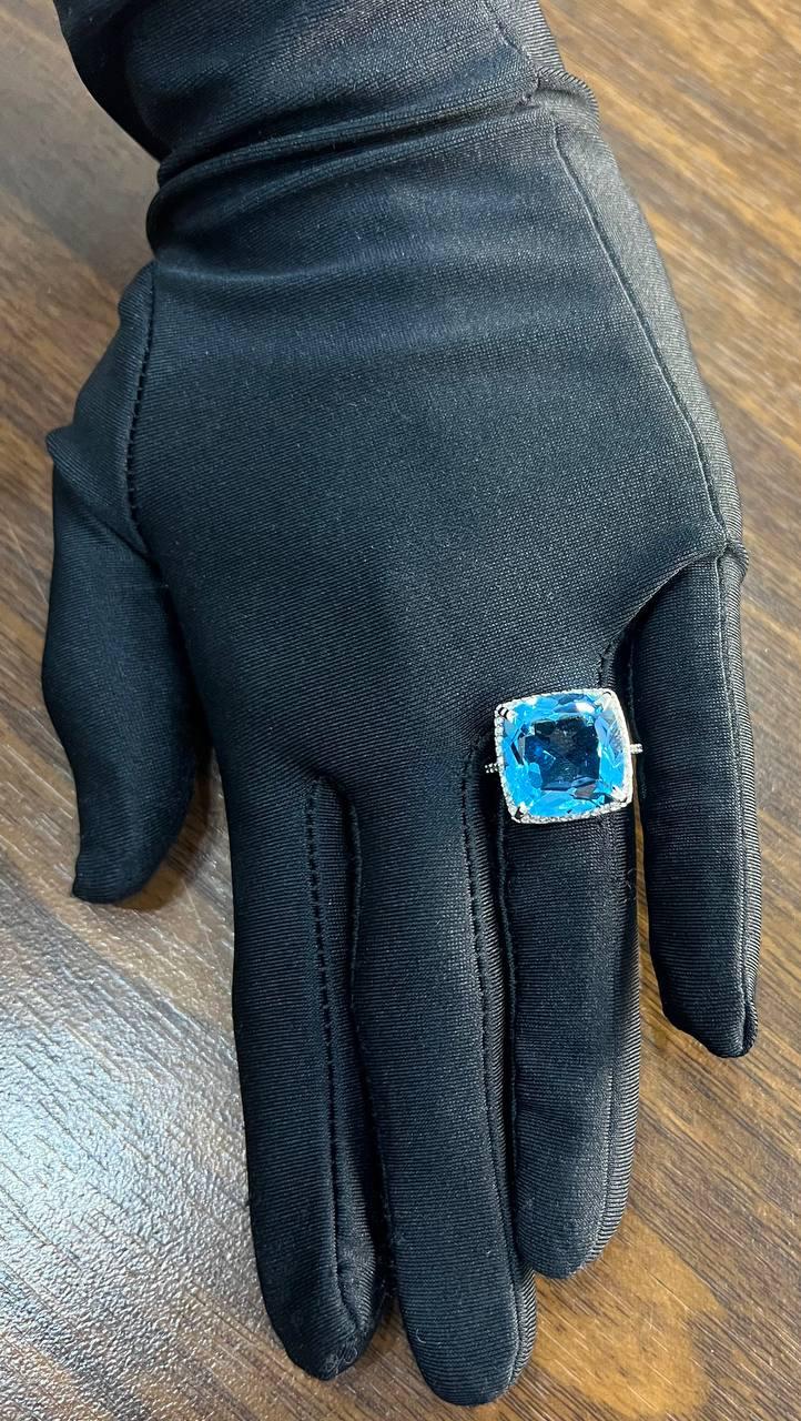 Cushion Shape Swiss Blue Topaz Diamond Halo 14K White Gold Cocktail Ring