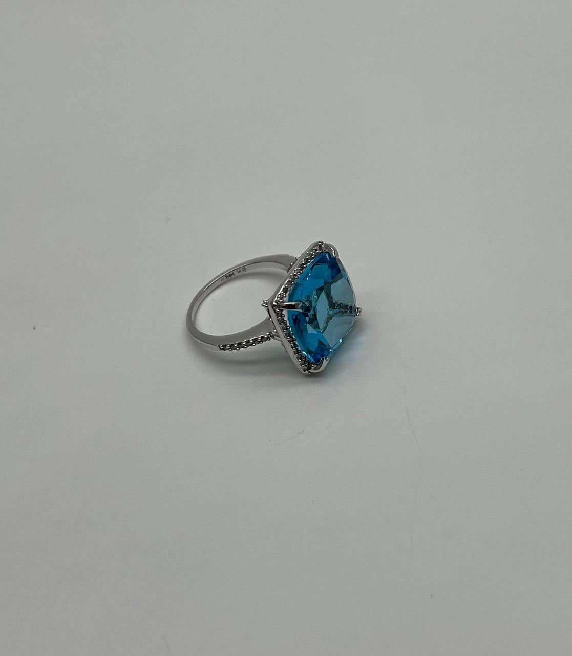 Cushion Shape Swiss Blue Topaz Diamond Halo 14K White Gold Cocktail Ring