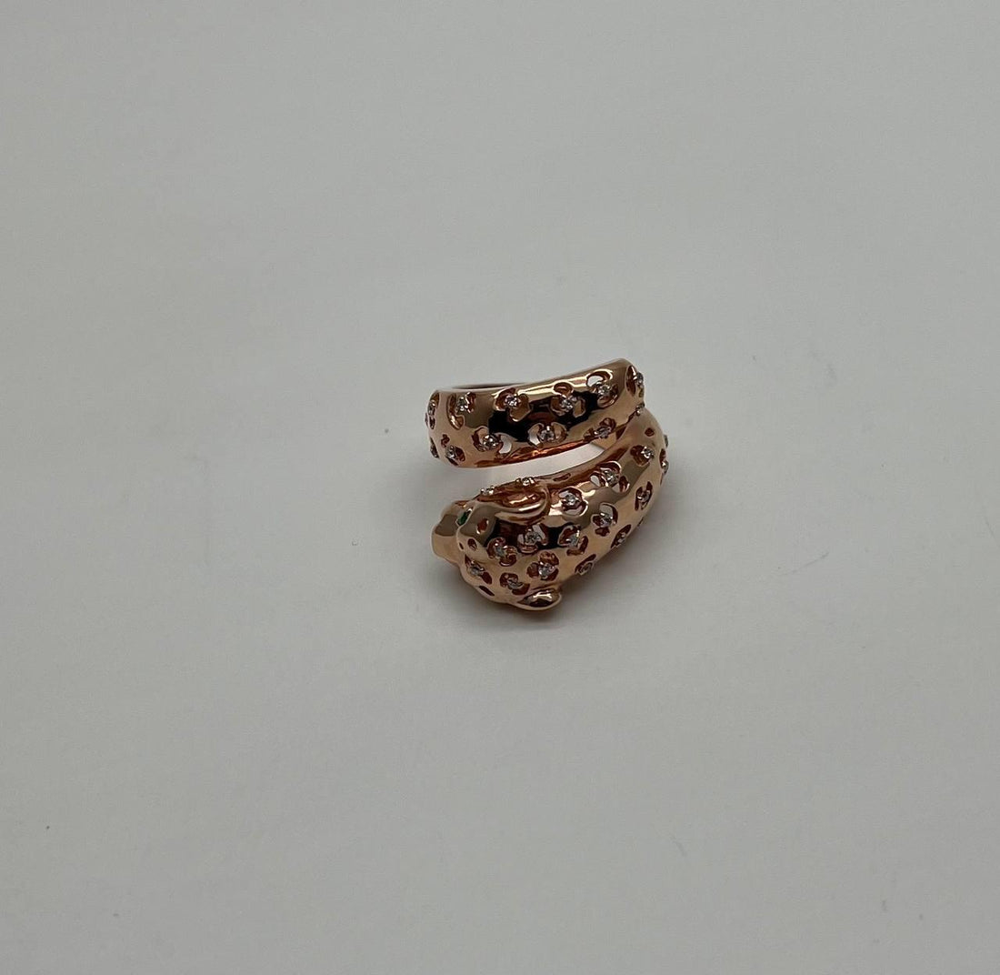 Leopard Jaguar Panther Lion Diamond Emerald 14K Rose Gold Statement Animal Ring