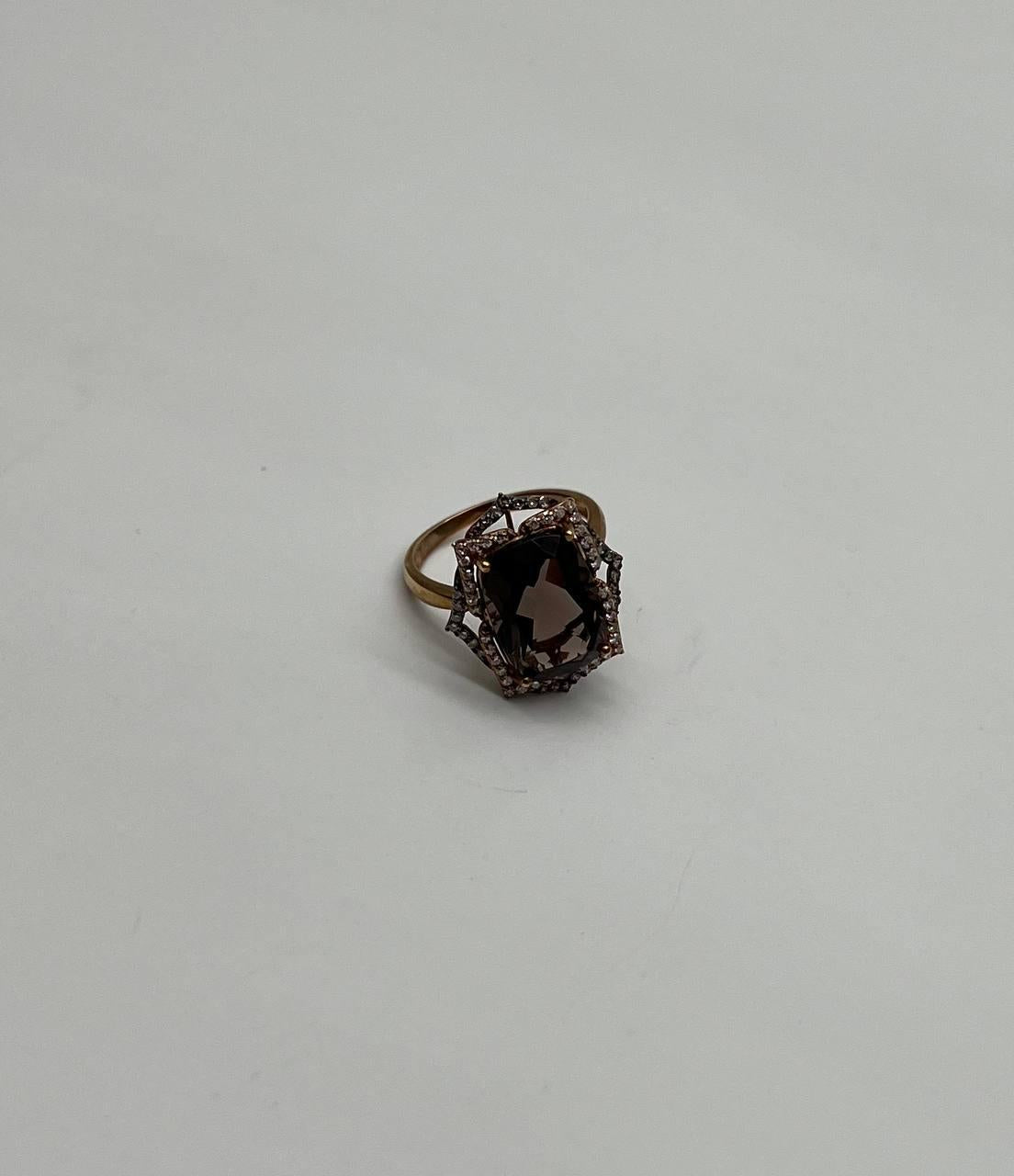 Brown Smoky Quartz Diamond Halo 14K Rose Gold Statement Cocktail Ring