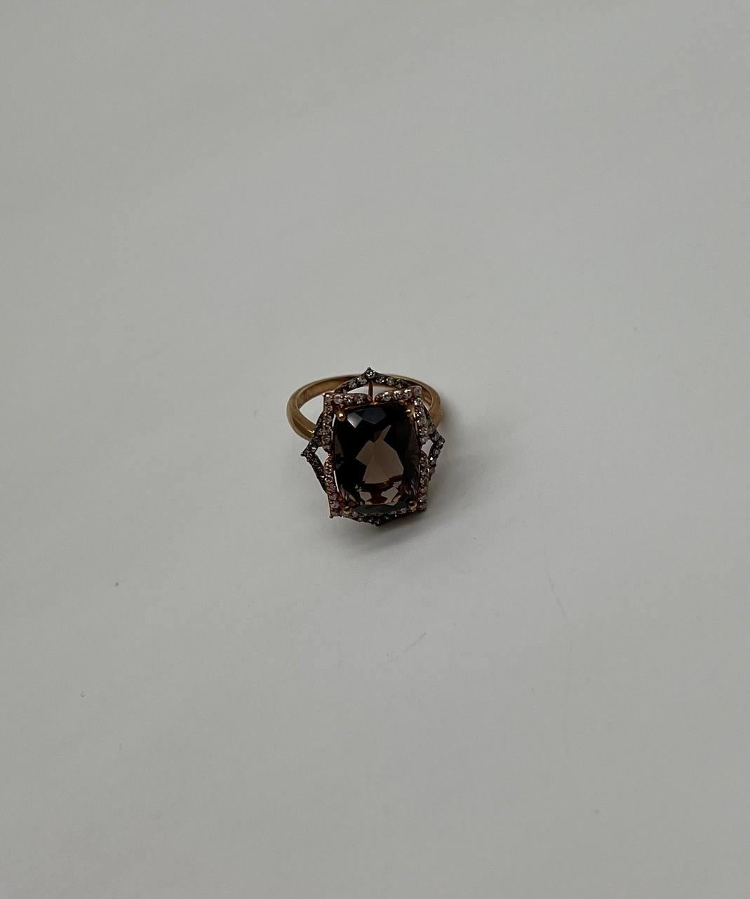 Brown Smoky Quartz Diamond Halo 14K Rose Gold Statement Cocktail Ring