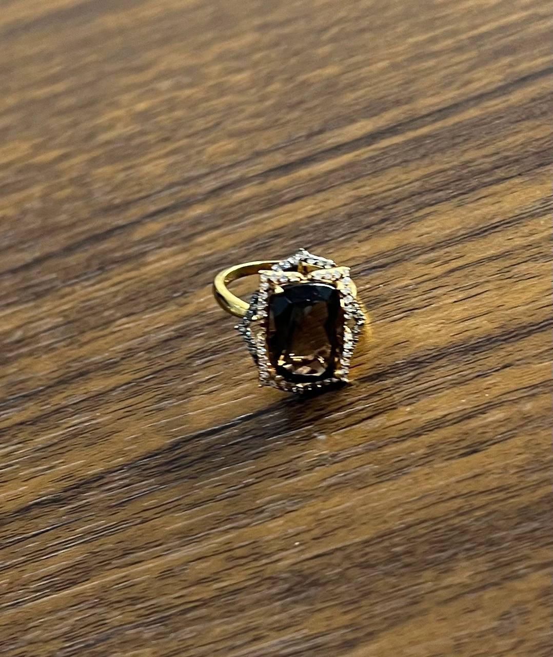 Brown Smoky Quartz Diamond Halo 14K Rose Gold Statement Cocktail Ring