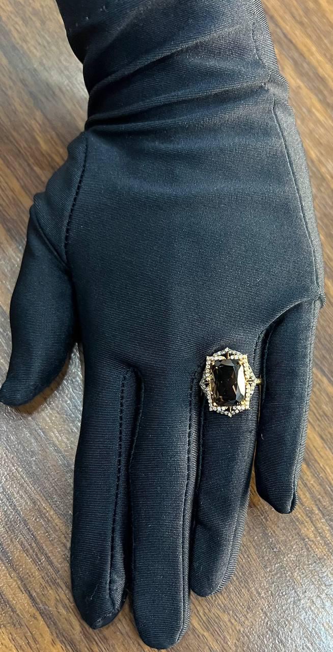 Brown Smoky Quartz Diamond Halo 14K Rose Gold Statement Cocktail Ring