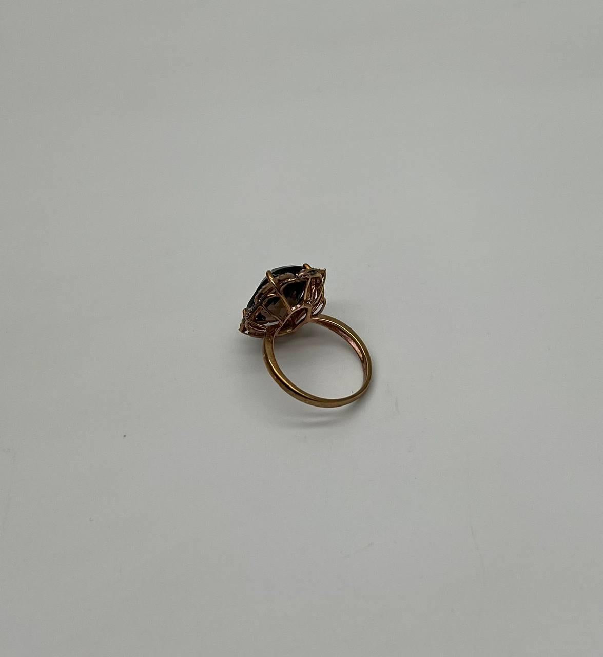 Brown Smoky Quartz Diamond Halo 14K Rose Gold Statement Cocktail Ring
