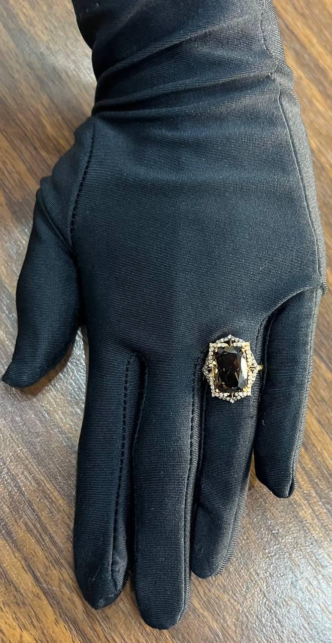 Brown Smoky Quartz Diamond Halo 14K Rose Gold Statement Cocktail Ring