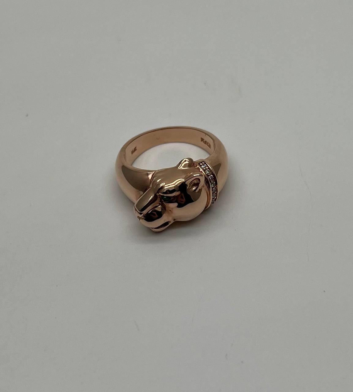 Panther Leopard Lioness Head Diamond Channel 14K Rose Gold Emerald Eyes Ring