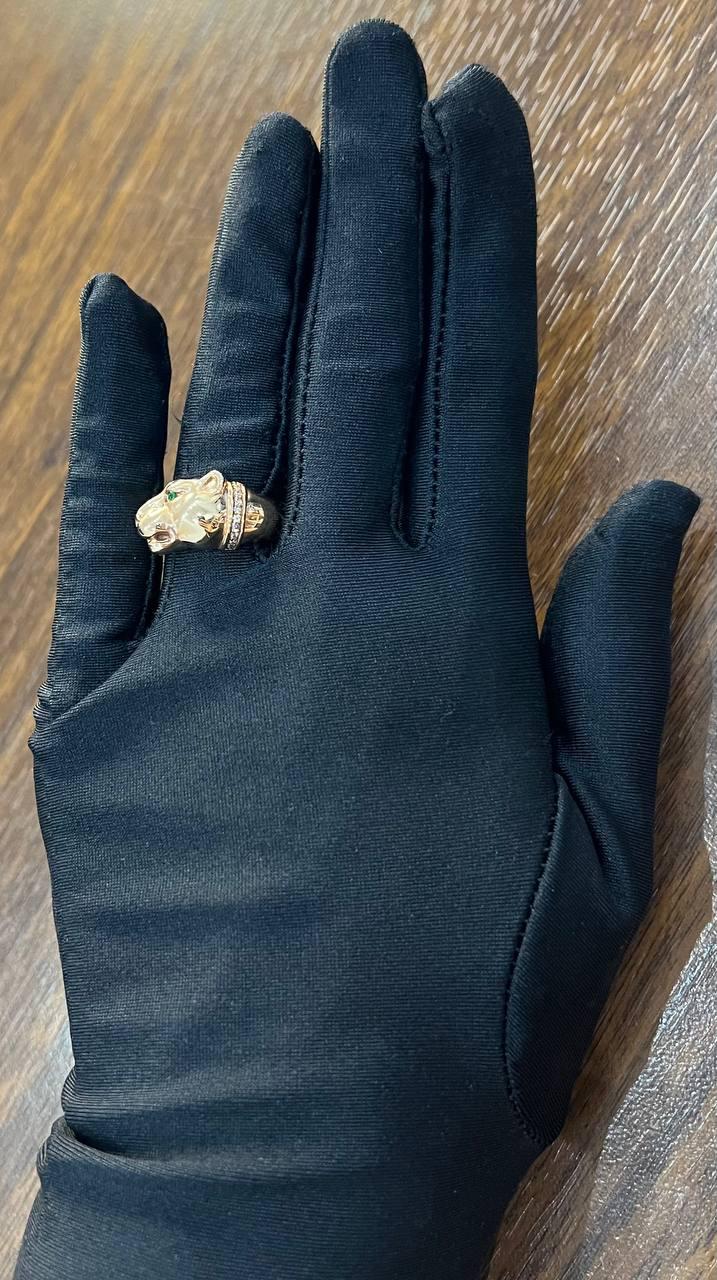 Panther Leopard Lioness Head Diamond Channel 14K Rose Gold Emerald Eyes Ring