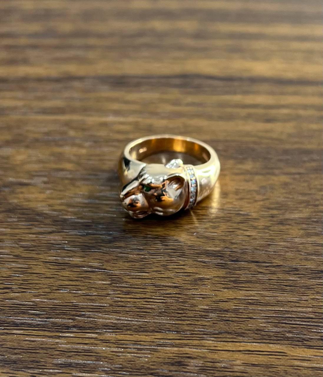 Panther Leopard Lioness Head Diamond Channel 14K Rose Gold Emerald Eyes Ring