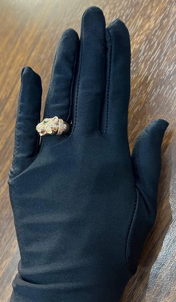 Panther Leopard Lioness Head Diamond Channel 14K Rose Gold Emerald Eyes Ring