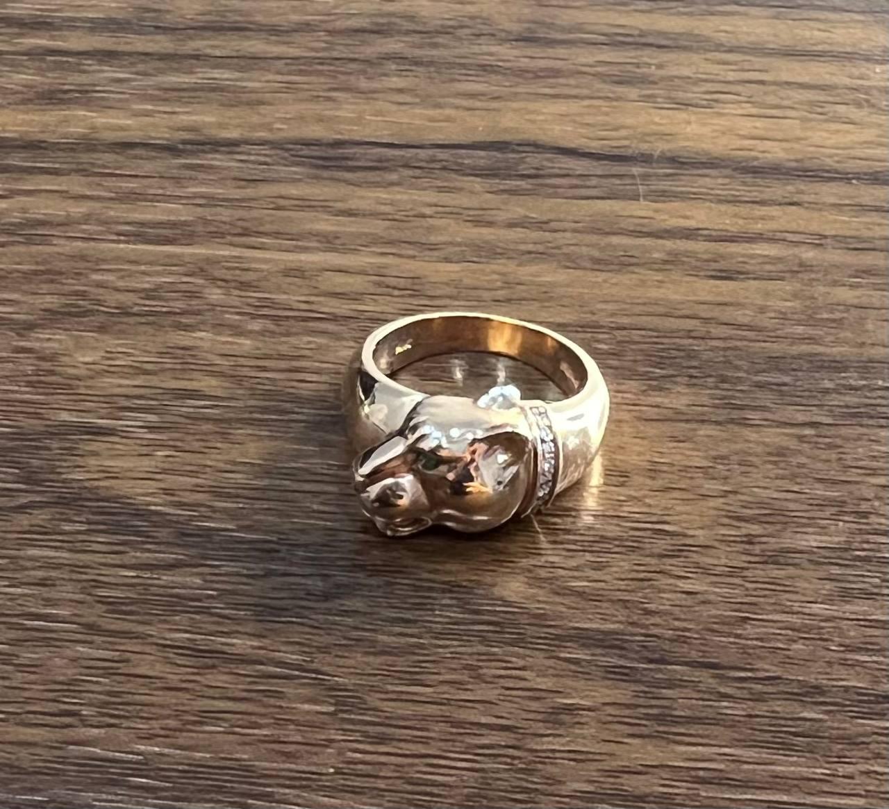 Panther Leopard Lioness Head Diamond Channel 14K Rose Gold Emerald Eyes Ring