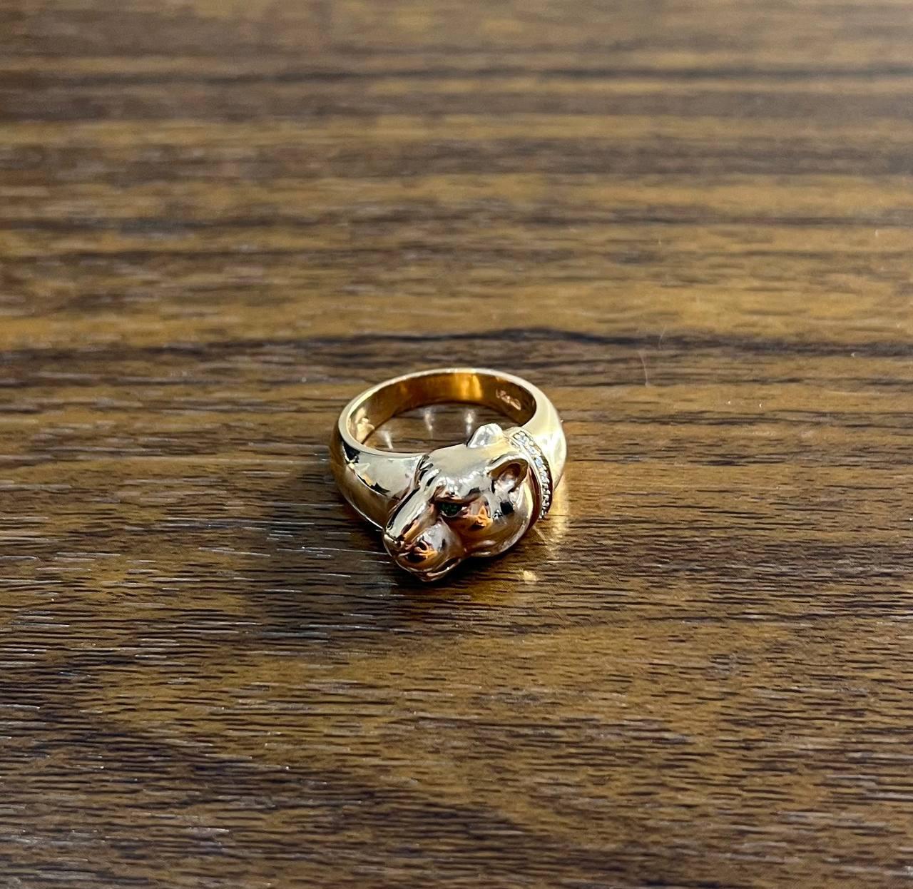 Panther Leopard Lioness Head Diamond Channel 14K Rose Gold Emerald Eyes Ring