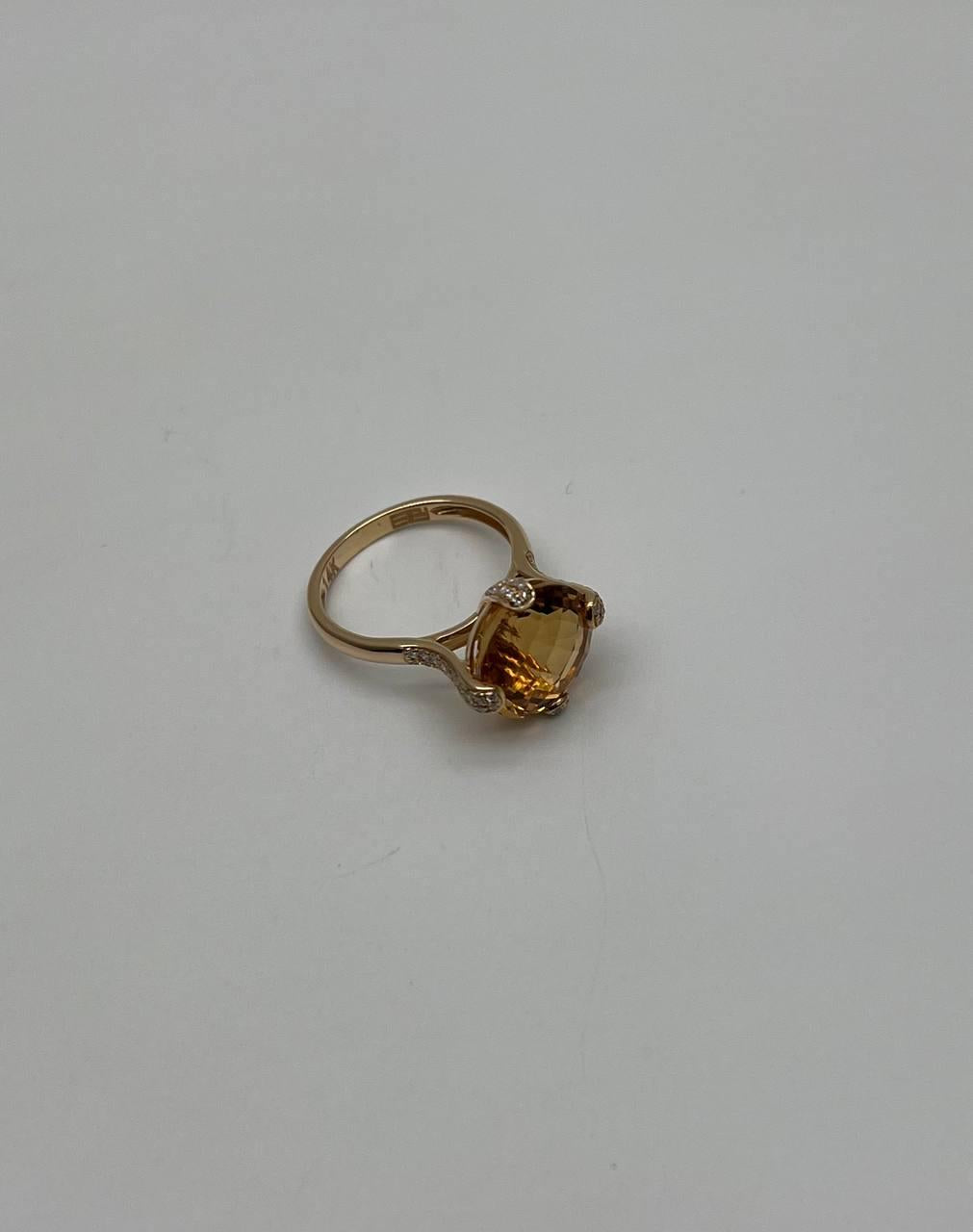 Orange Amber Citrine Brilliant Cut 14K Yellow Gold Diamond Pave Cocktail Ring