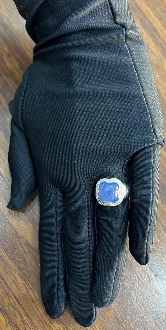 Blue Violet Chalcedony Cabochon Shape 14K White Gold Diamond Halo Set Ring