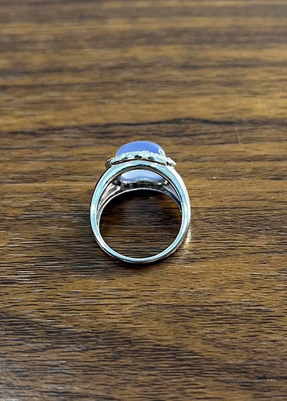 Blue Violet Chalcedony Cabochon Shape 14K White Gold Diamond Halo Set Ring