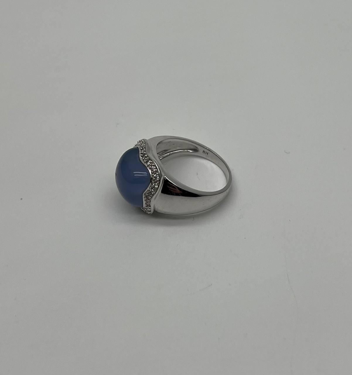 Blue Violet Chalcedony Cabochon Shape 14K White Gold Diamond Halo Set Ring