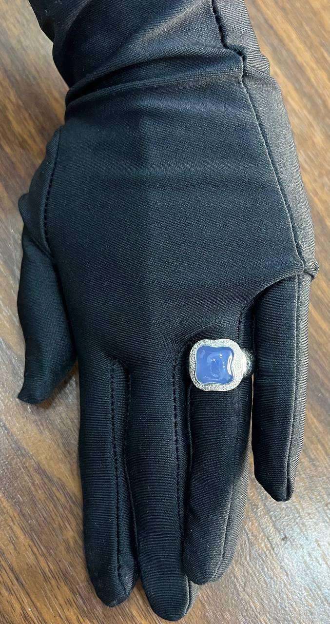 Blue Violet Chalcedony Cabochon Shape 14K White Gold Diamond Halo Set Ring