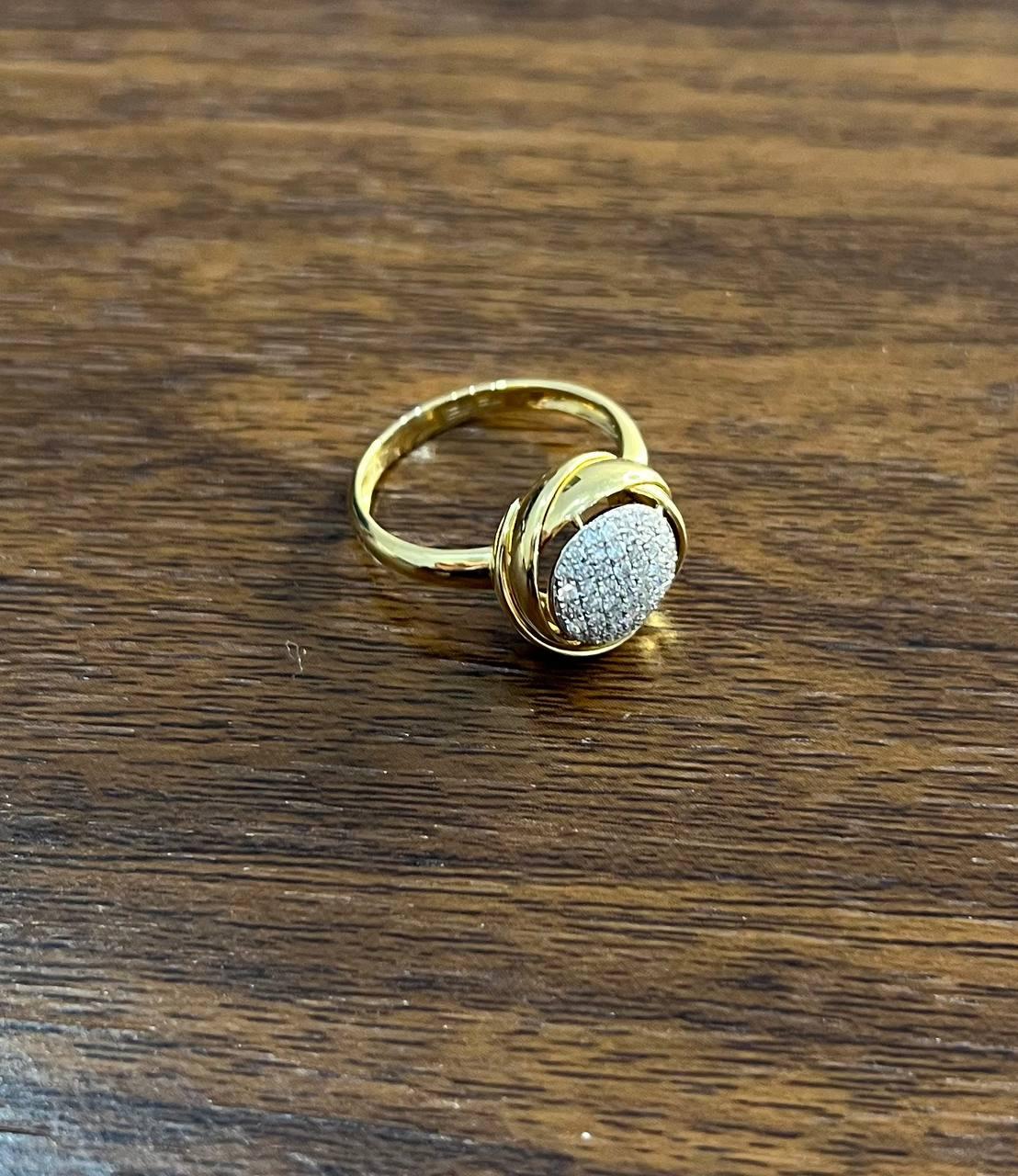 Diamonds Pave Circle Rose Flower Layers 14K Yellow Gold Statement Ring