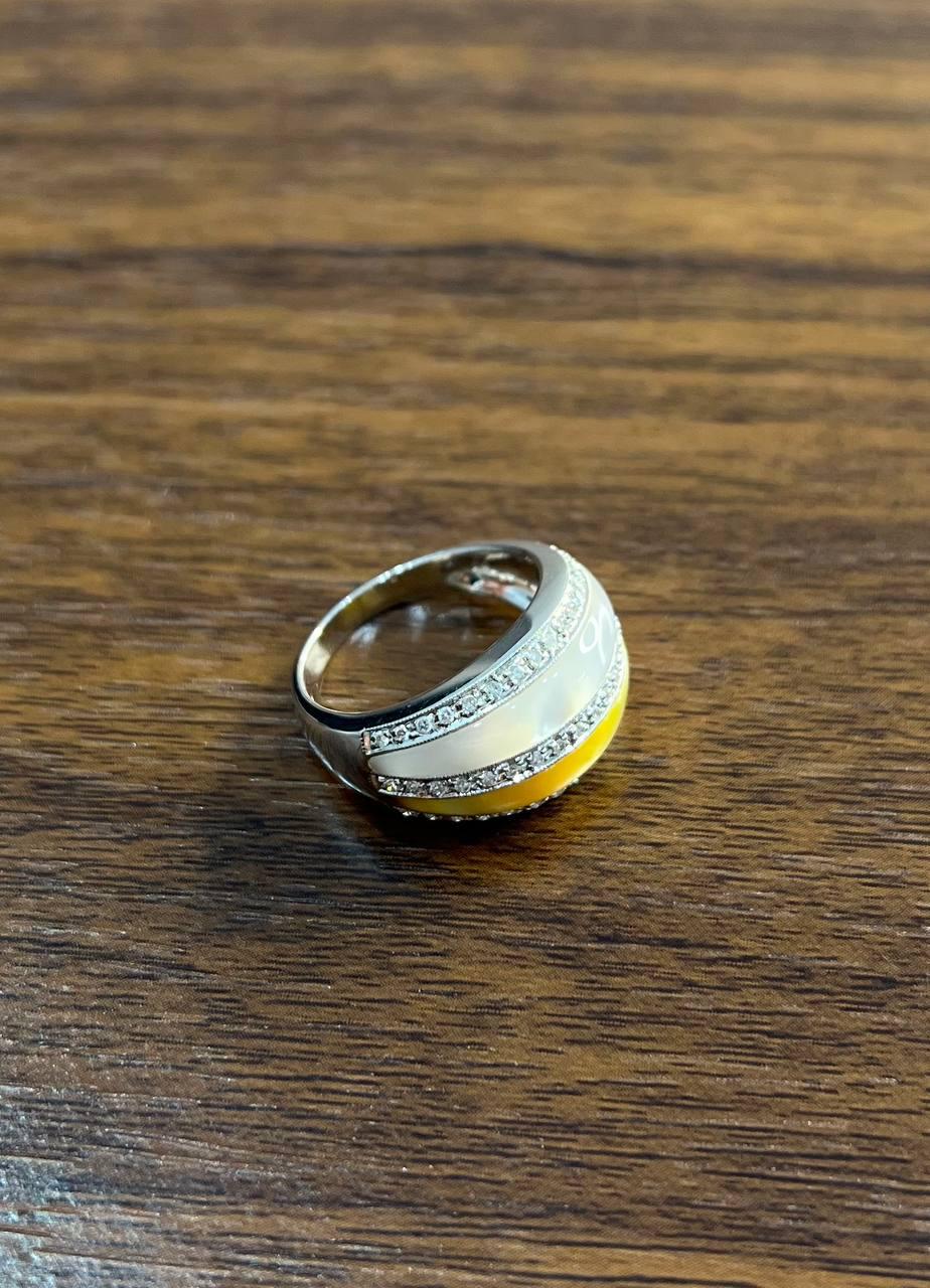 White Golden Yellow Mother of Pearl Diamond Channel Dome 14K White Gold Ring