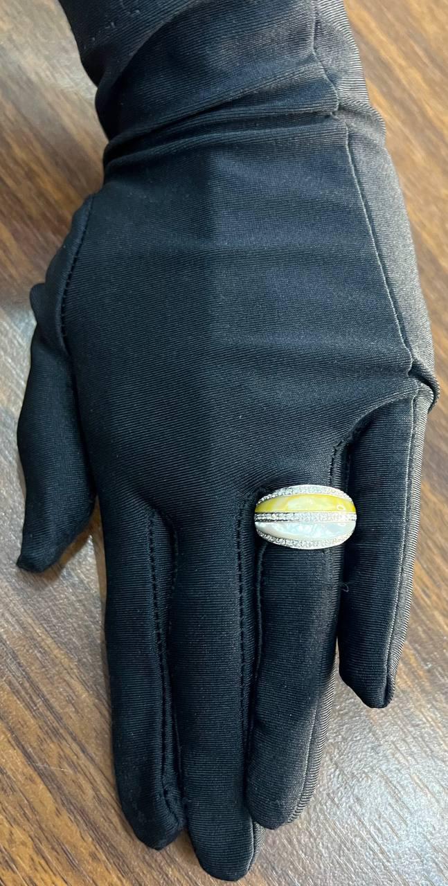 White Golden Yellow Mother of Pearl Diamond Channel Dome 14K White Gold Ring